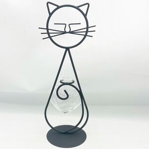 Black Metal Cat Holding Heart Shaped Small Bud Vase